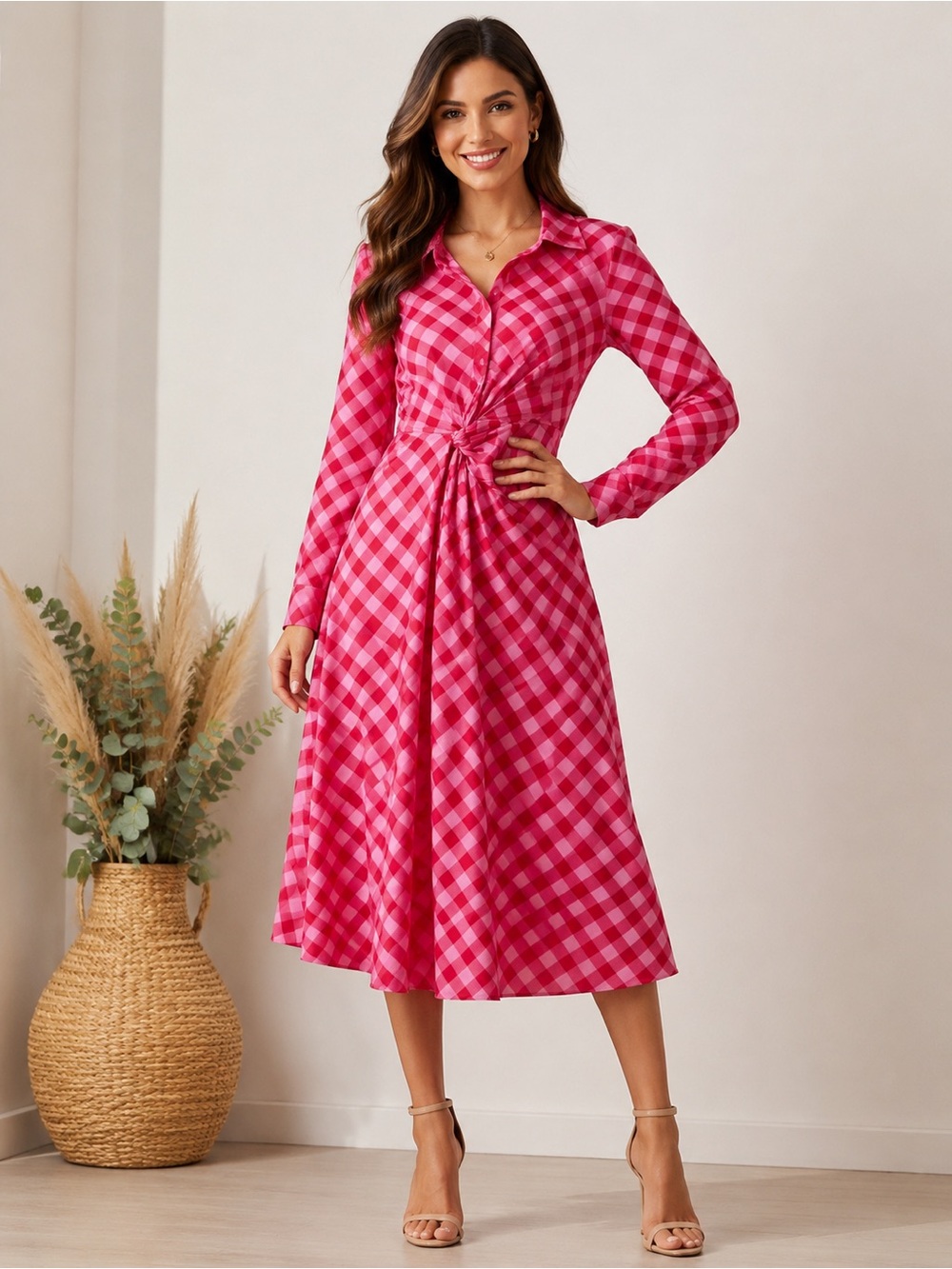 Fuchsia Gingham Twist-Front Midi Dress